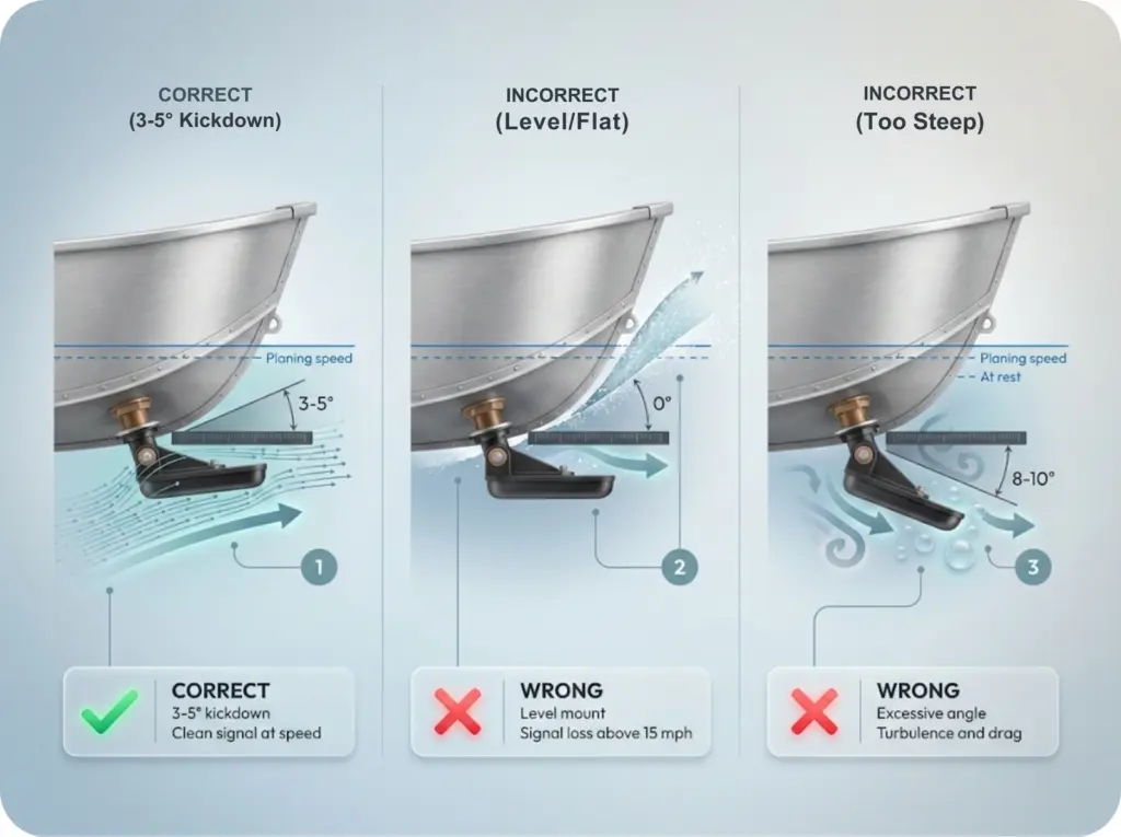 Side-view technical diagram showing correct 3-5 degree transducer kickdown angle versus incorrect level and steep angles, with water flow patterns and cavitation symptoms.