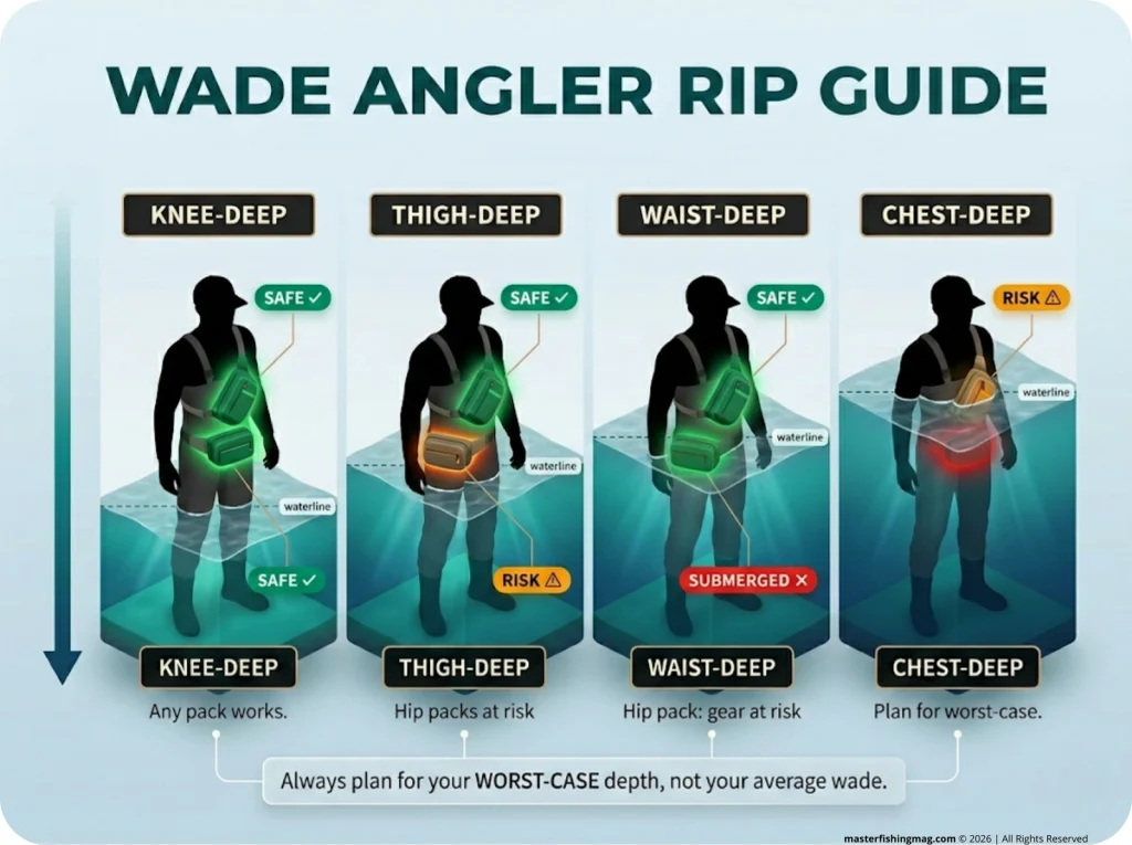 Infographic showing wade angler at 4 water depths with hip pack vs sling pack submersion status, color-coded green/red by safety zone