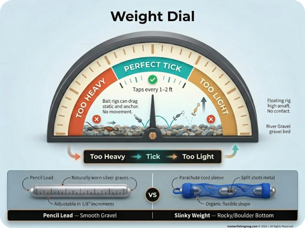 Infographic showing drift fishing weight dial: Too Heavy, Perfect Tick, Too Light, with pencil lead and slinky weight comparison