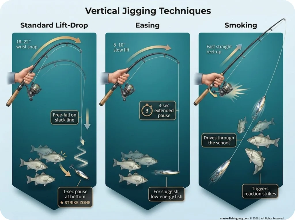 Infographic comparing three white bass jigging strokes showing rod position, line angle, spoon flutter pattern, and pause timing