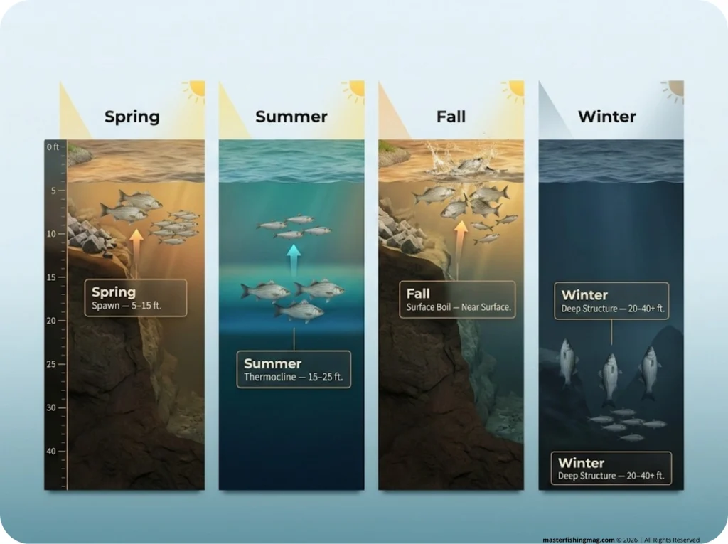 Infographic showing white bass depth positions across four seasons in a reservoir cross-section with shad locations and thermocline