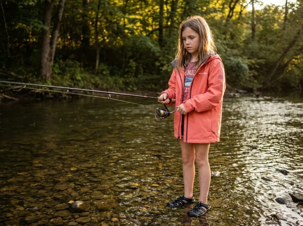 Pre-teen girl fishing independently in a creek showing age-appropriate patience and skill