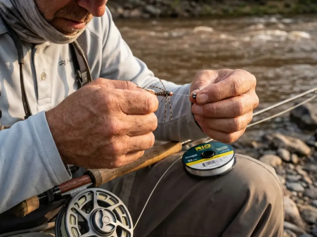Close-up of angler rigging heavy tungsten nymph for muddy water fishing