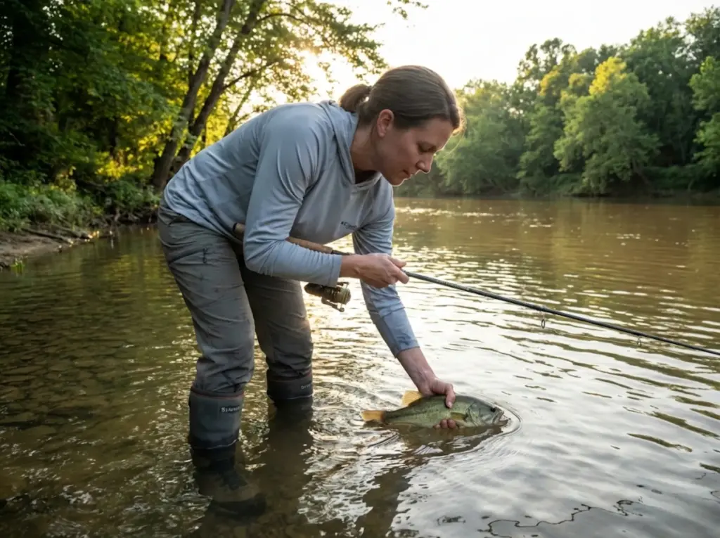 Angler practicing catch and release at a tributary mouth after a fish kill in the main lake