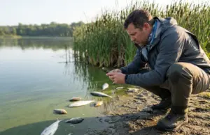 Dead Fish Everywhere? When to Report a Fish Kill Angler documenting dead fish along a lake shoreline during a fish kill event