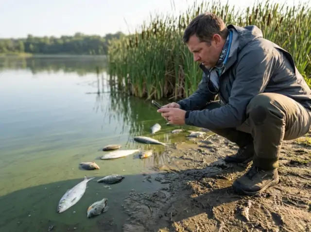 angler-documenting-fish-kill-shoreline Angler documenting dead fish along a lake shoreline during a fish kill event