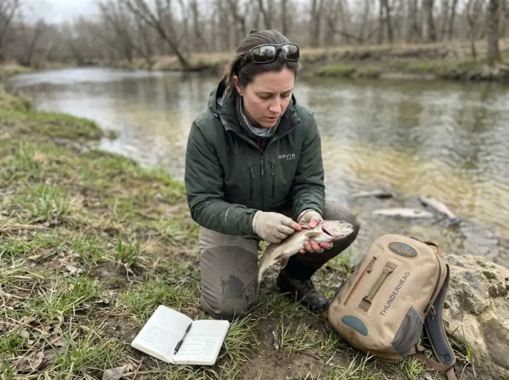 Angler examining dead fish gills and body condition during a fish kill investigation