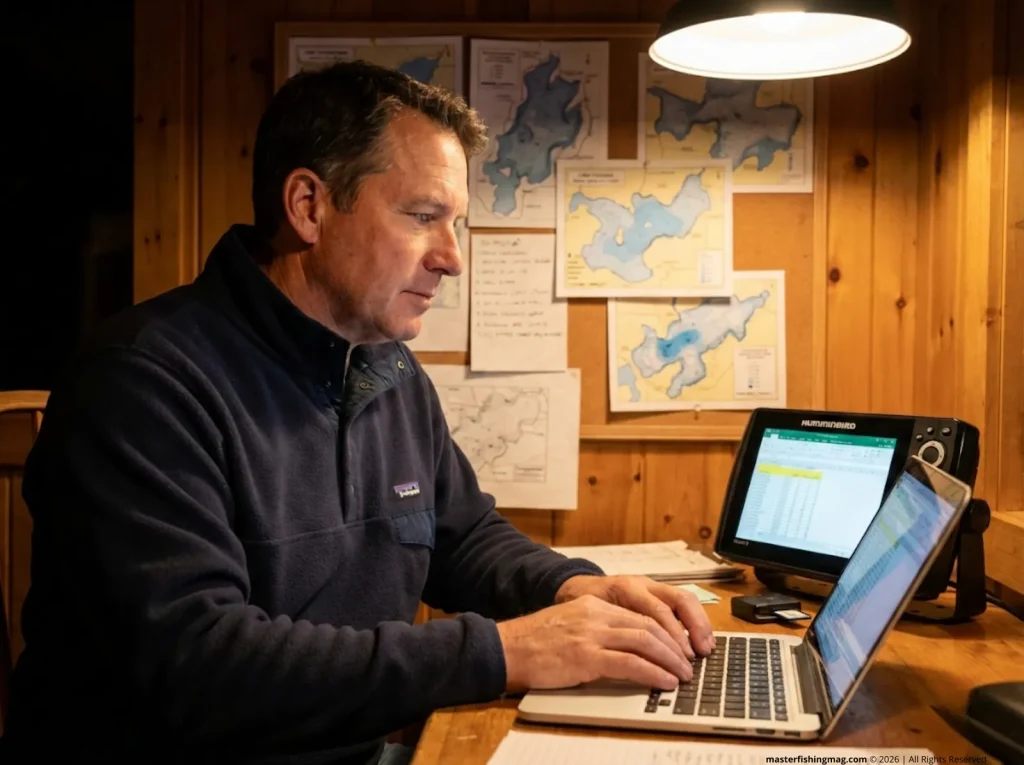 Experienced angler organizing GPS waypoint data into a spreadsheet at lakeside cabin next to Humminbird unit