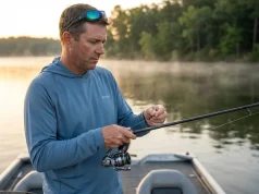 How I Know When to Change Fishing Line After 20 Years Experienced angler inspecting fishing line for wear on a bass boat at dawn