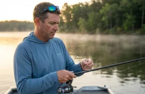 How I Know When to Change Fishing Line After 20 Years Experienced angler inspecting fishing line for wear on a bass boat at dawn