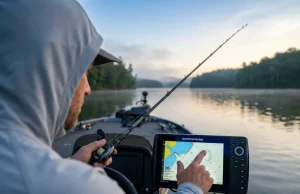 Why You Keep Missing Fish on Structure Points Angler studying fish finder screen over a structure point at dawn on a calm reservoir