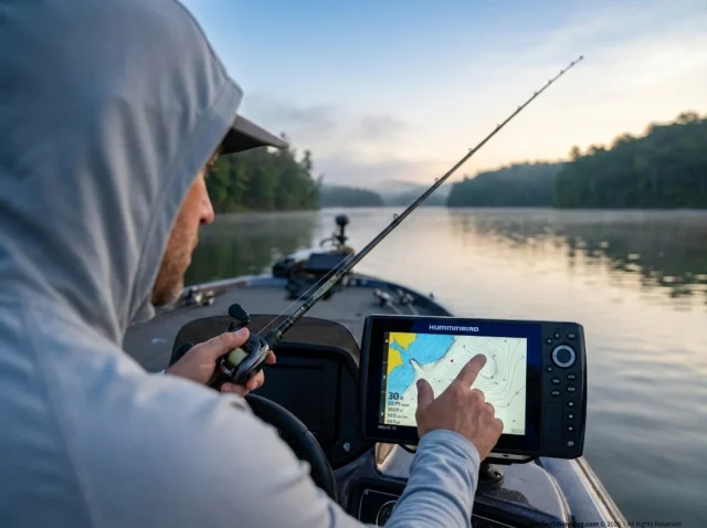 angler-reading-fish-finder-structure-point Angler studying fish finder screen over a structure point at dawn on a calm reservoir