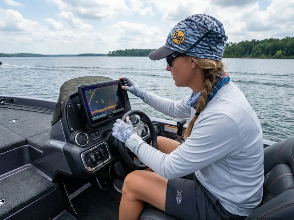 Female angler reading Garmin LiveScope sonar while idling over structure on a reservoir
