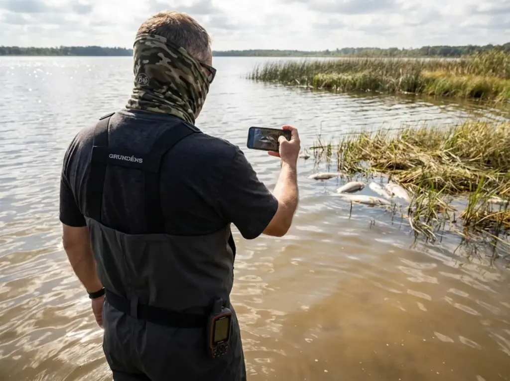 Angler using smartphone to photograph and document dead fish during a fish kill event