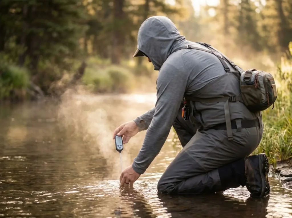 Fly angler checks stream temperature before fishing native brook trout water in summer