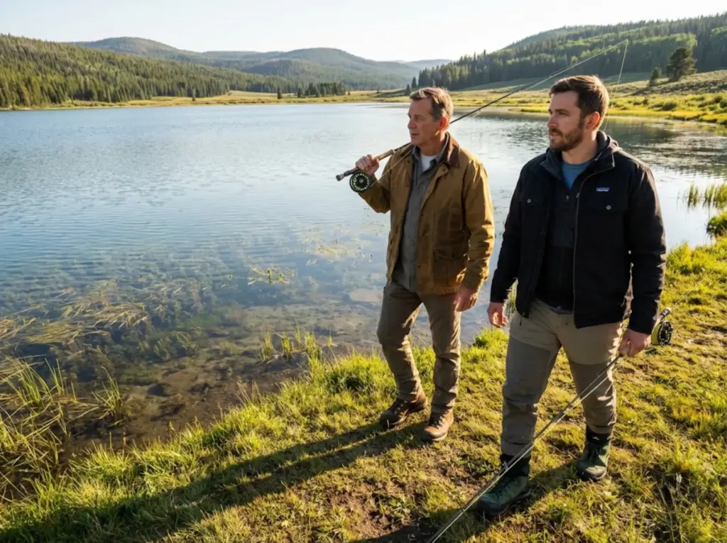Two anglers walking along a healthy lakeshore representing conservation stewardship