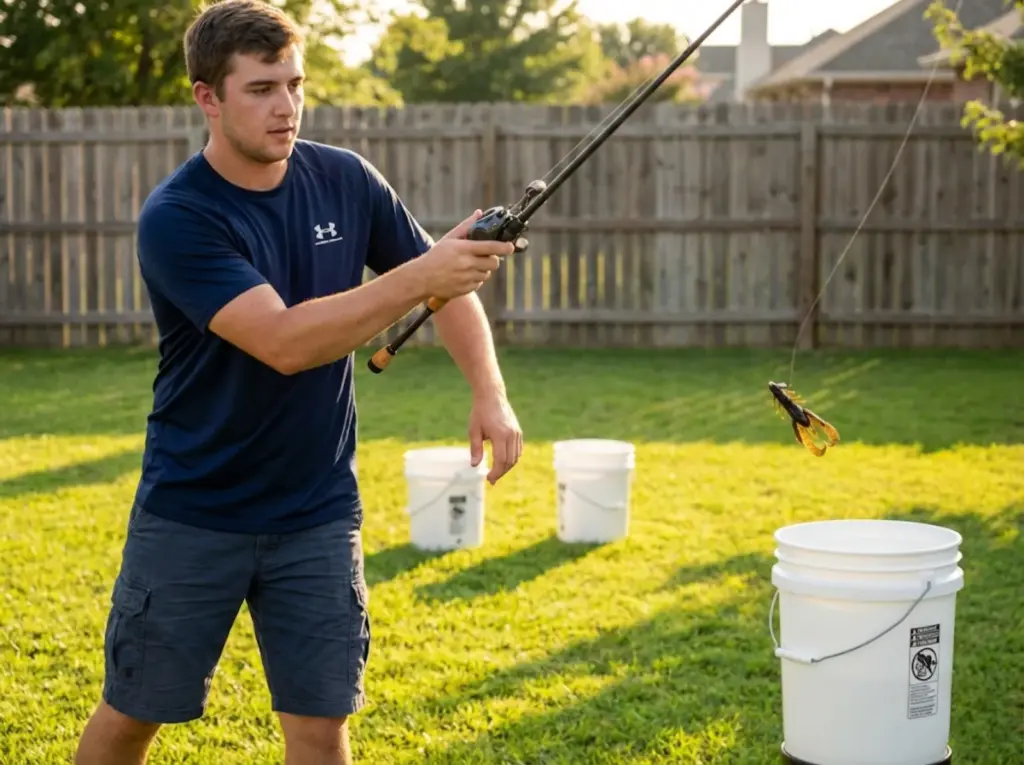 Bass angler practicing pitching technique with buckets in backyard