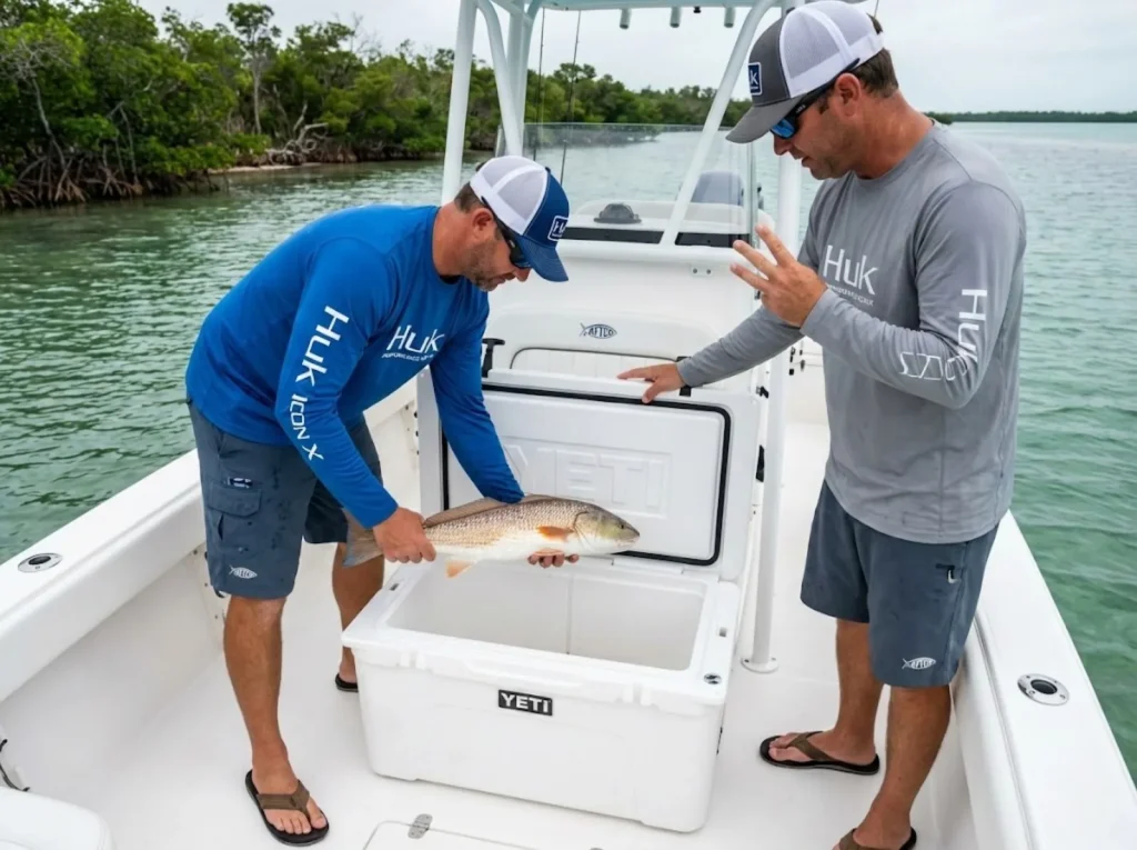 Two anglers counting daily bag limit of redfish on inshore Florida boat