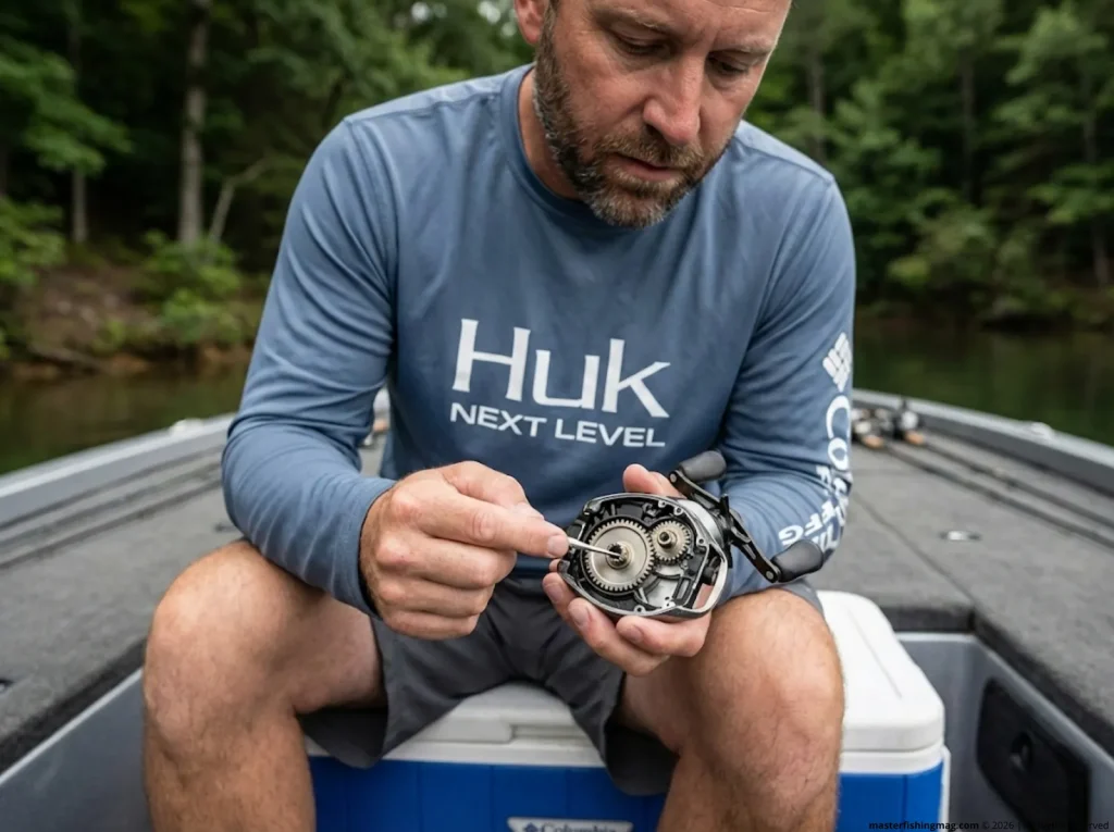 Angler examining internal gear mechanism of Shimano Antares baitcaster to understand gear ratio and IPT  