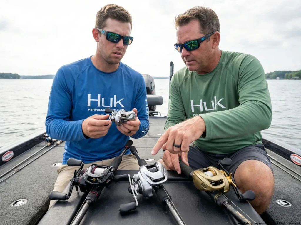 Two anglers comparing single versus three-reel arsenal strategy showing Abu Garcia, Shimano, and Lew's baitcasters