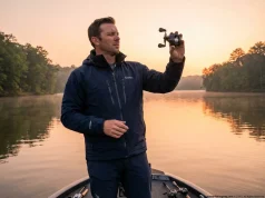 Most Anglers Pick the Wrong Baitcaster Gear Ratio Angler comparing baitcaster gear ratios at sunrise on a bass boat, three reels visible on rod holders
