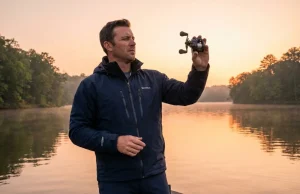 Most Anglers Pick the Wrong Baitcaster Gear Ratio Angler comparing baitcaster gear ratios at sunrise on a bass boat, three reels visible on rod holders