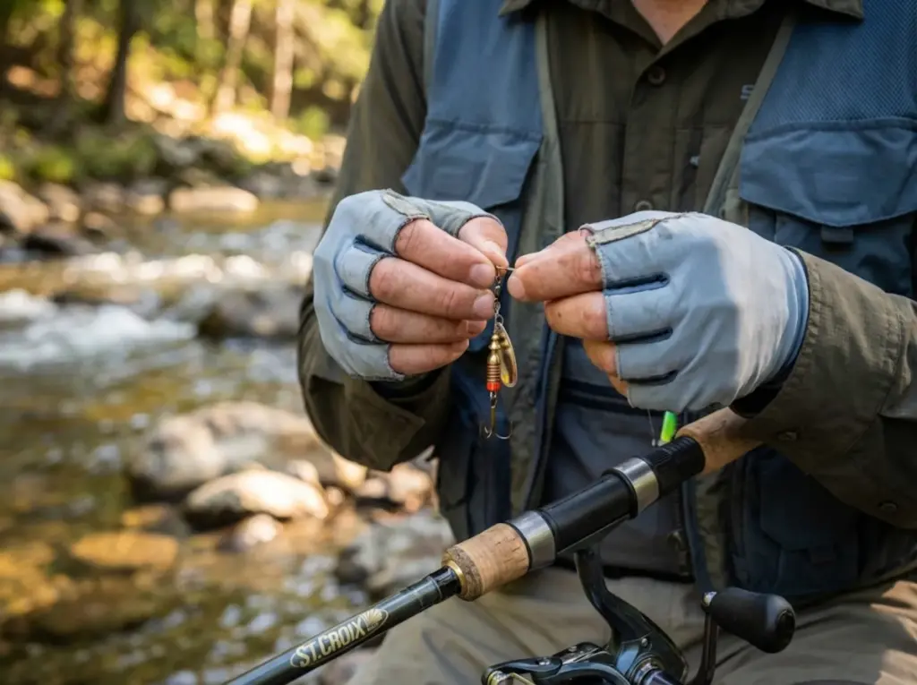 Angler rigging ball-bearing swivel above inline spinner for twist prevention