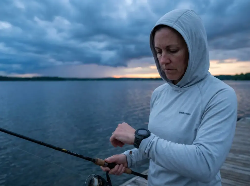 Angler checking barometric pressure on watch before dock fishing session
