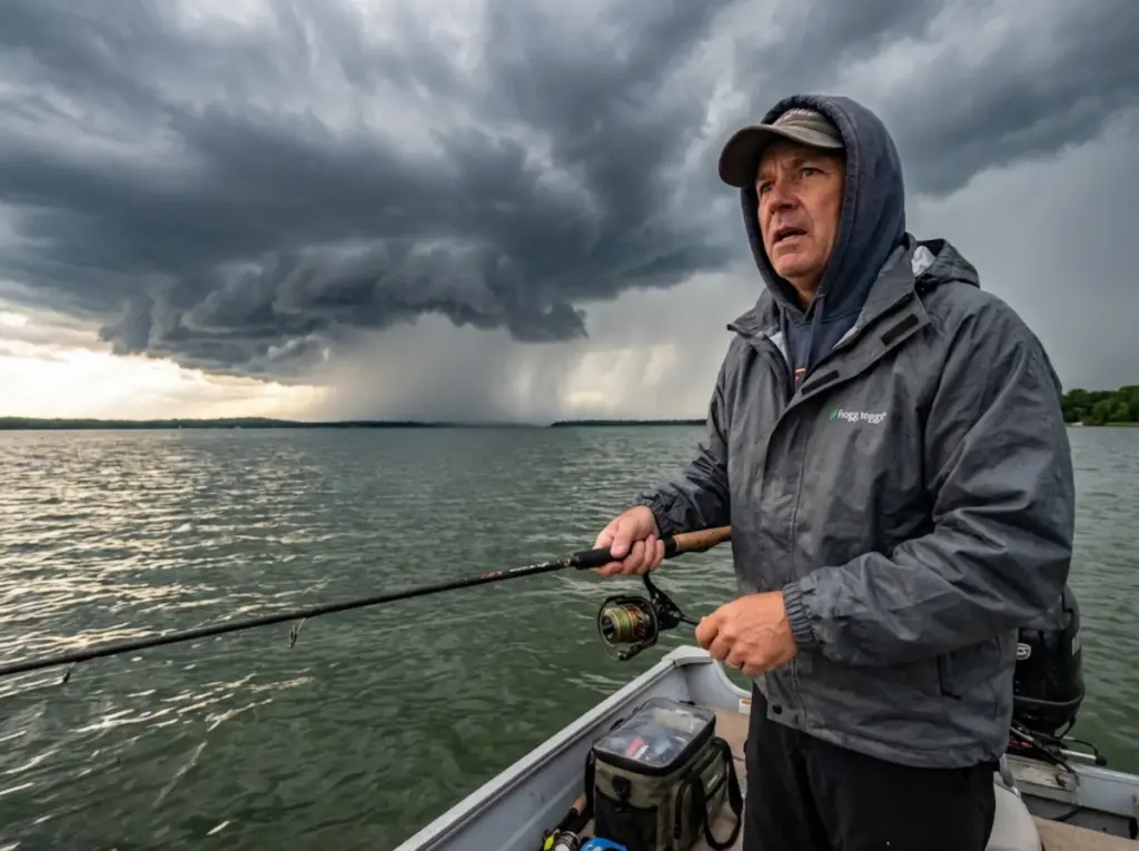 Angler fishing ahead of approaching storm when barometric pressure drop triggers feeding