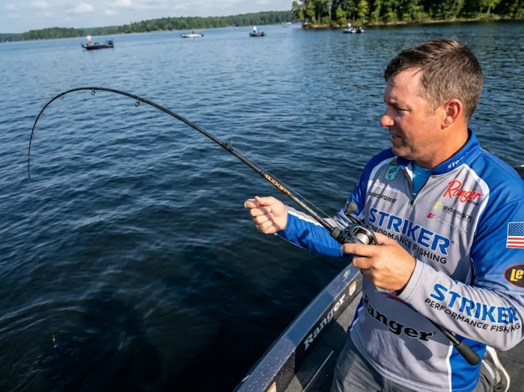 Angler fighting bass hooked in thermocline zone over deep lake structure on summer day