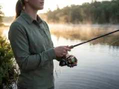 Why Beginners Struggle to Catch Fish and How to Fix It Beginner angler casting at dawn lake with spinning rod and proper fishing gear