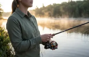 Why Beginners Struggle to Catch Fish and How to Fix It Beginner angler casting at dawn lake with spinning rod and proper fishing gear