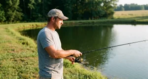 How Much Fishing Gear Do Beginners Need? 7, Not 70 Beginner angler casting a spinning combo at a pond, the small kit of fishing gear a beginner needs