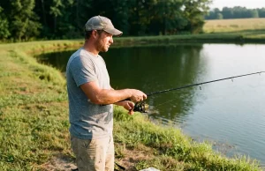 How Much Fishing Gear Do Beginners Need? 7, Not 70 Beginner angler casting a spinning combo at a pond, the small kit of fishing gear a beginner needs