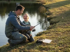 Beginner Fishing Gear That Won’t Collect Dust Father and daughter fishing on a pond bank with an Ugly Stik rod — beginner fishing gear setup