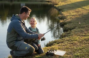 Beginner Fishing Gear That Won’t Collect Dust Father and daughter fishing on a pond bank with an Ugly Stik rod — beginner fishing gear setup