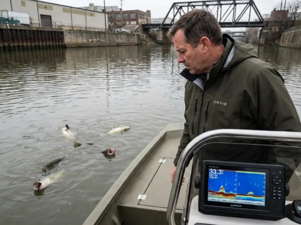 Fish displaying erratic surface gasping behavior near angler in thermally stressed urban waterway