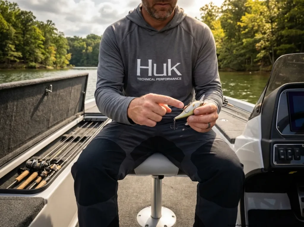 Angler showing belly and tail hook size difference on upgraded Rapala DT10 crankbait