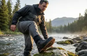 Best Fishing Boots Lug Sole: What Held Up After 200 Days Angler wading rocky freestone river in lug sole wading boots gripping mossy boulder