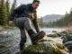 Best Fishing Boots Lug Sole: What Held Up After 200 Days Angler wading rocky freestone river in lug sole wading boots gripping mossy boulder