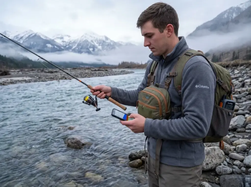 Bank angler retrieving Garmin castable fish finder from mountain river