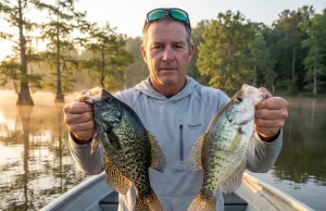 Black Crappie vs White Crappie Differences (Field ID Guide) Angler comparing a black crappie and white crappie side by side on a reservoir at sunrise
