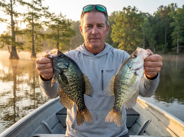 black-crappie-vs-white-crappie-comparison Angler comparing a black crappie and white crappie side by side on a reservoir at sunrise