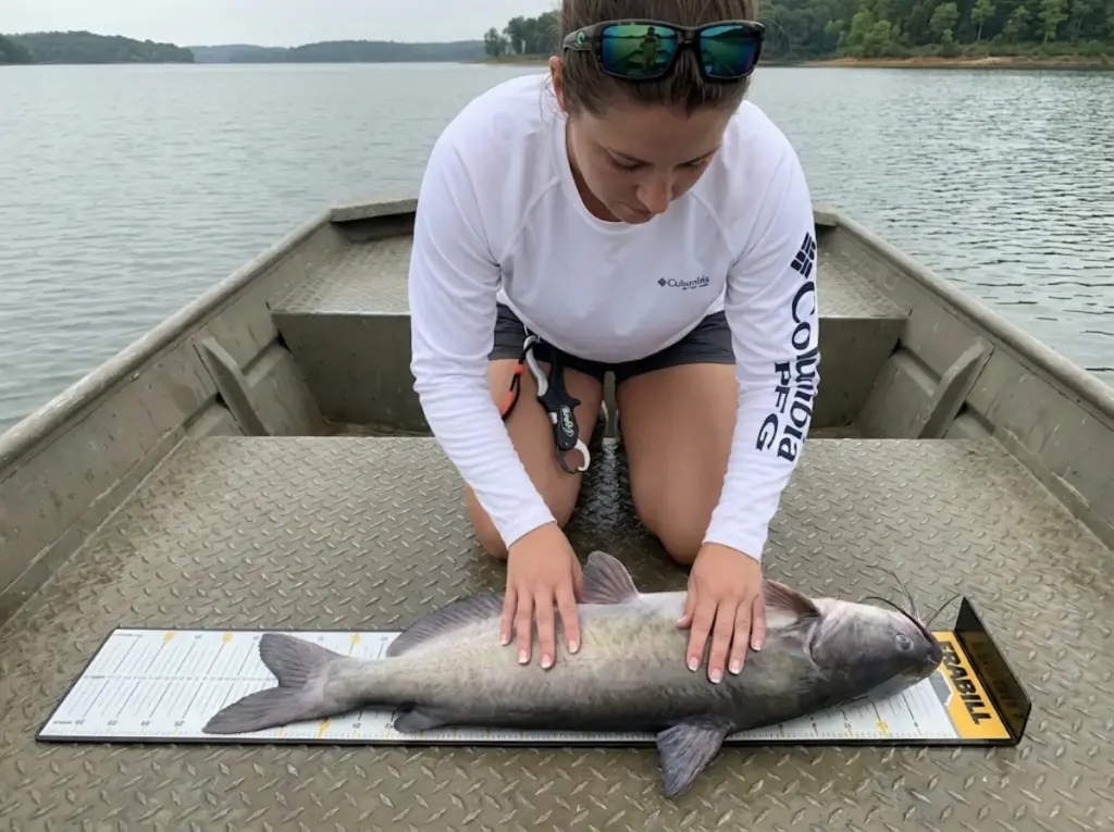 Angler examining blue catfish anal fin on measuring board showing straight margin