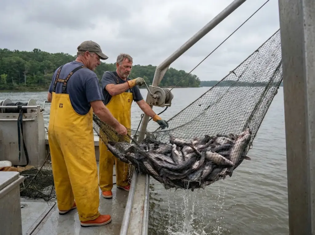 Commercial crew hauling gillnet full of invasive blue catfish from the James River