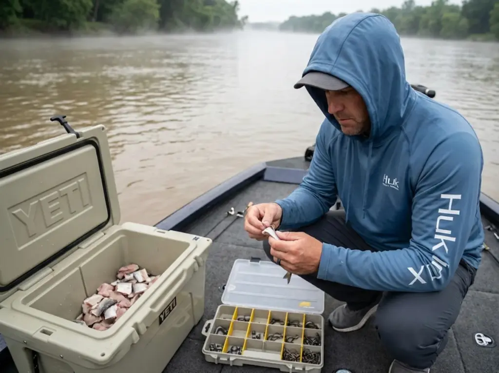 Angler threading fresh-cut shad onto circle hook on a bass boat in murky river 