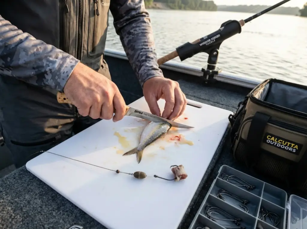 Angler cutting fresh gizzard shad on boat cutting board next to rigged Carolina rig