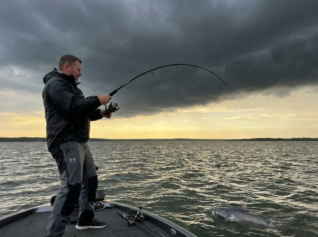 Angler fighting a blue catfish from a boat as a dark storm front approaches