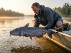 Blue Catfish Tactics Backed by Biology, Not Folklore Angler holding a large blue catfish horizontally at water level on a misty river at dawn
