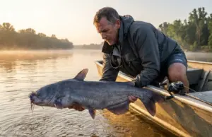 Blue Catfish Tactics Backed by Biology, Not Folklore Angler holding a large blue catfish horizontally at water level on a misty river at dawn